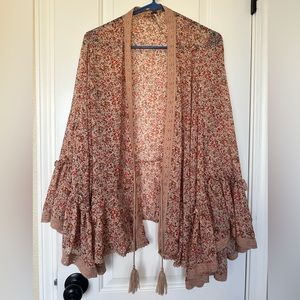 Free People cream tan pink floral tassels cardigan S
